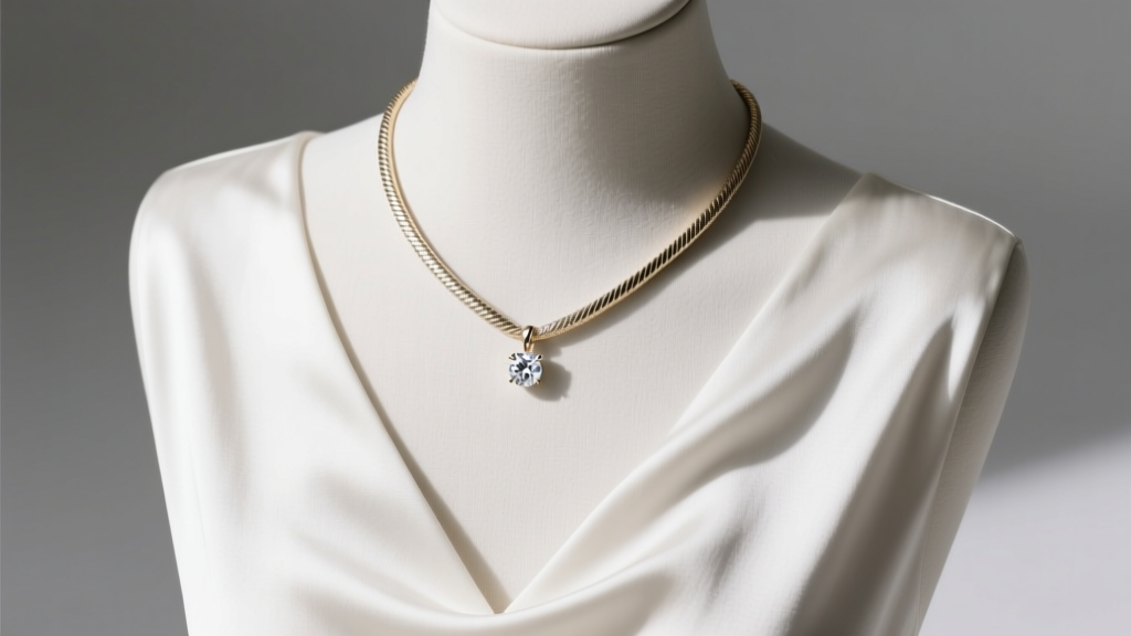 A 16-inch white gold snake chain with a 5mm bezel-set diamond pendant, photographed on a mannequin bust wearing a silk V-neck top
