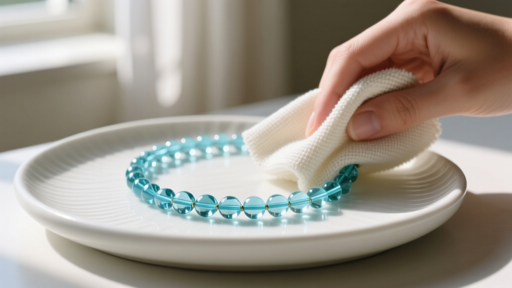 Microfiber cloth wiping a finished aquamarine bead necklace resting on a white ceramic jewelry tray in soft natural window light.