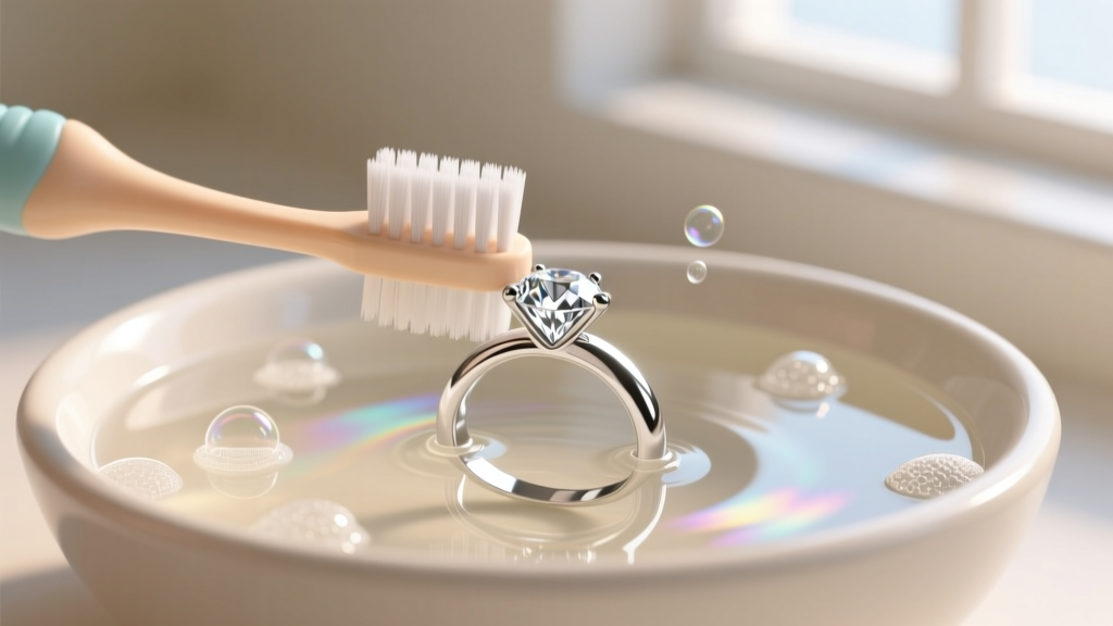 Soft-bristled baby toothbrush gently scrubbing a platinum diamond solitaire ring in a bowl of warm water and mild clear dish soap.