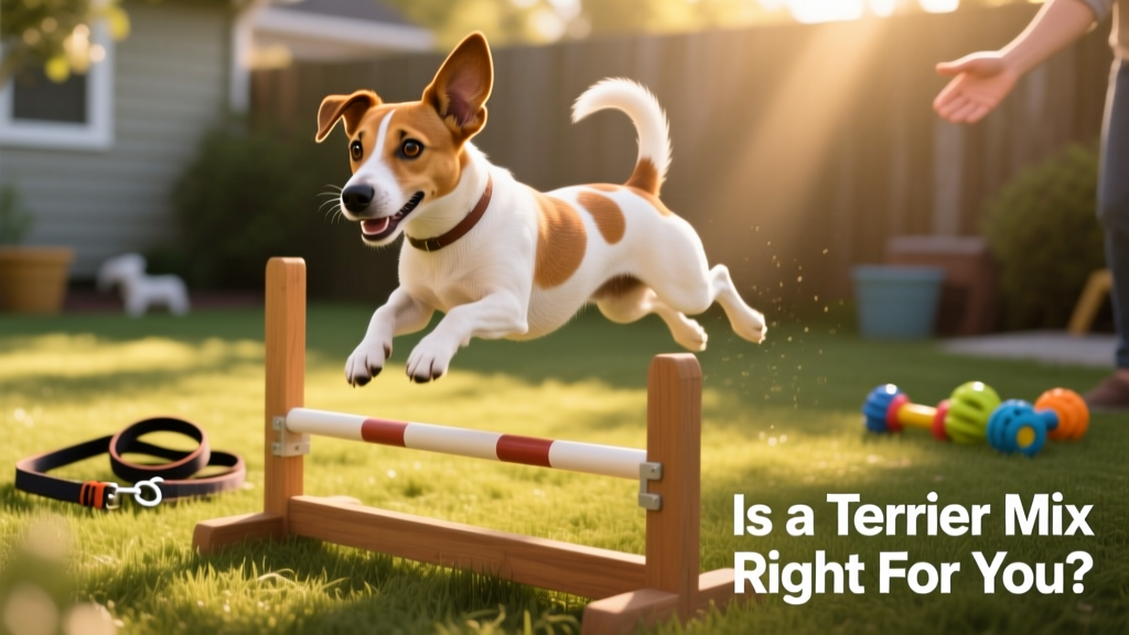 A Jack Russell Terrier mix leaping playfully over a low agility hurdle