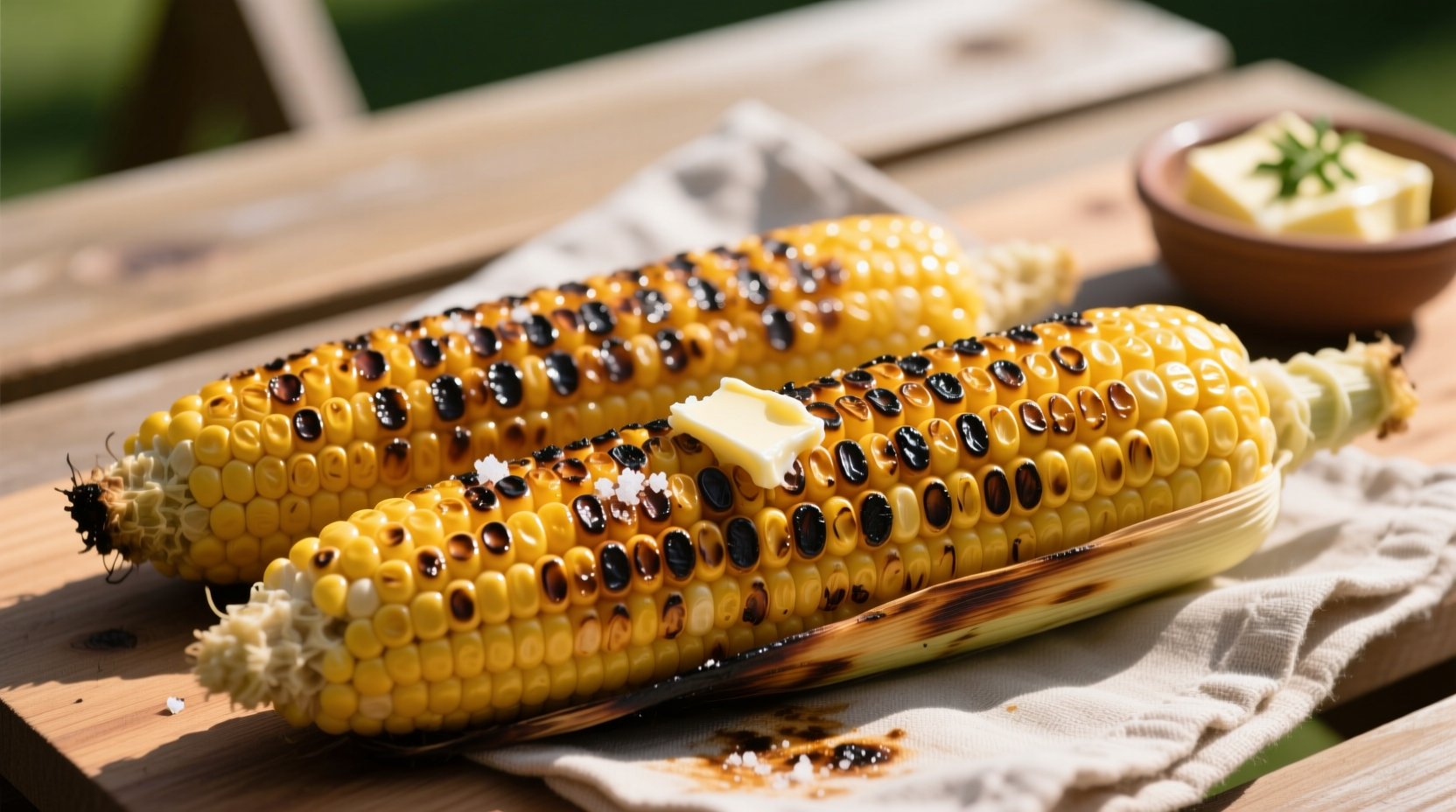 Fresh grilled corn with perfect char marks on medium heat