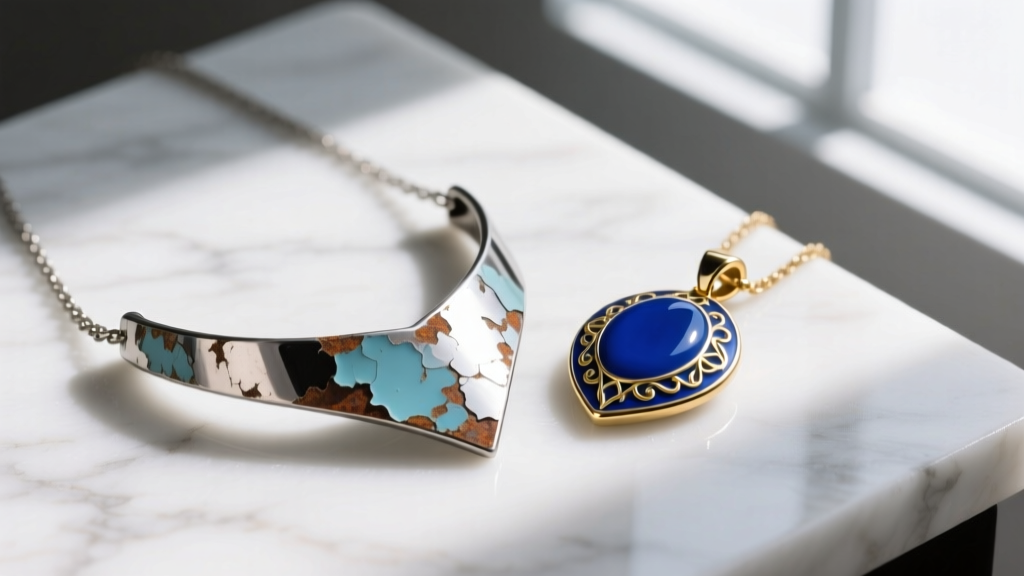 Zinc alloy anime necklace with peeling paint displayed next to a high-quality vitreous enamel pendant featuring crisp metal edges.