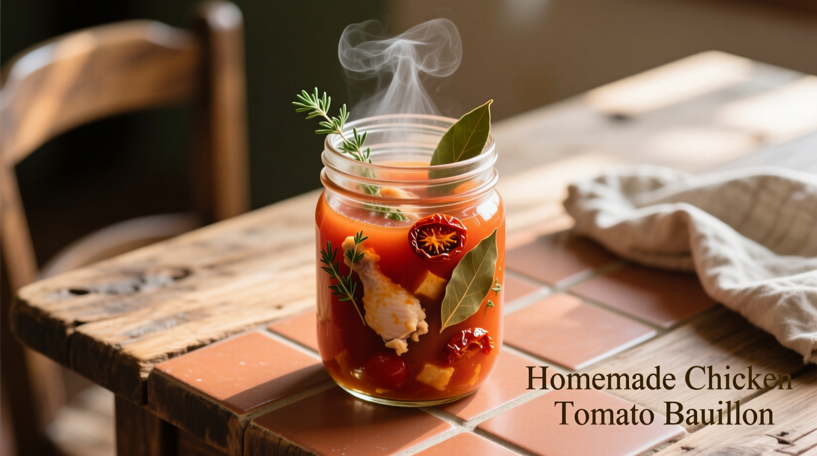 Homemade chicken tomato bouillon in clear glass container