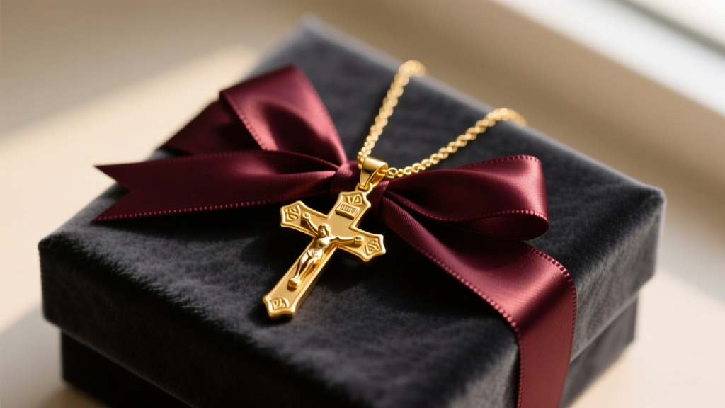 Close-up of a 14k yellow gold crucifix pendant on an 18-inch cable chain resting on a wrapped gift box with dark velvet ribbon.