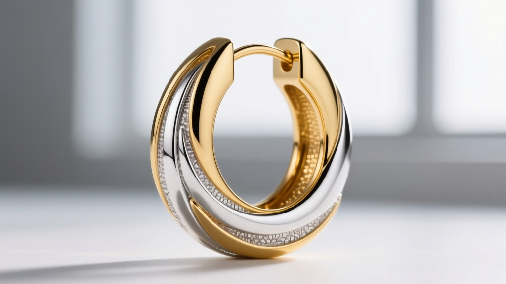Macro photo showing the layered micron thickness of rhodium plating over a 14k yellow gold two tone huggie earring base metal.