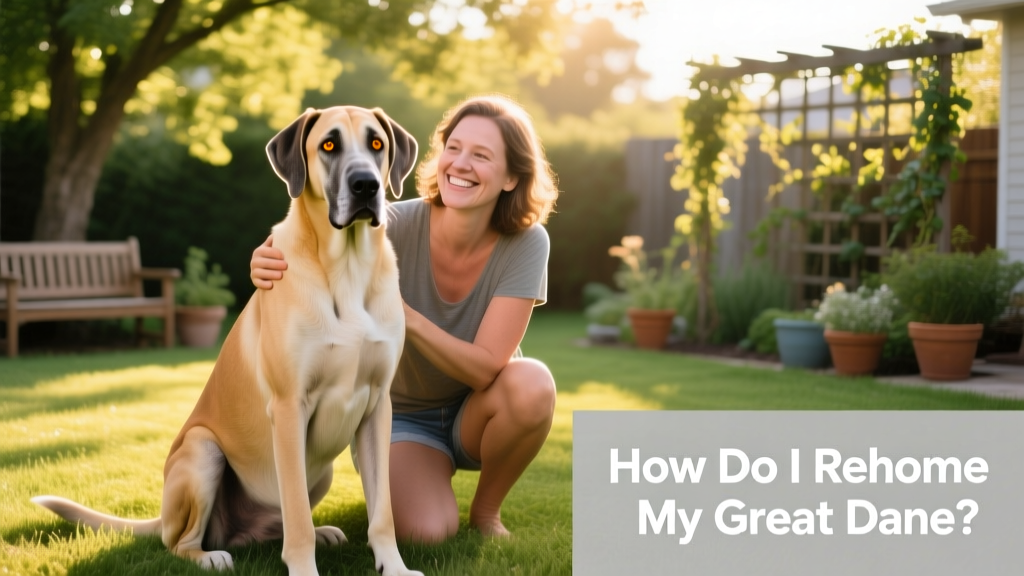 A calm, gentle Great Dane sitting beside a smiling adult in a sunlit backyard