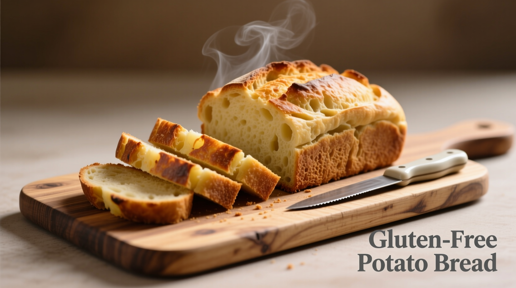 Gluten-free potato bread sliced on wooden board