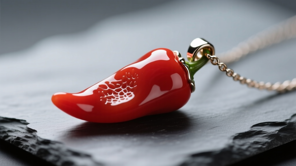 Close-up of a polished red coral Italian pepper necklace pendant resting on a dark slate surface with soft directional lighting.
