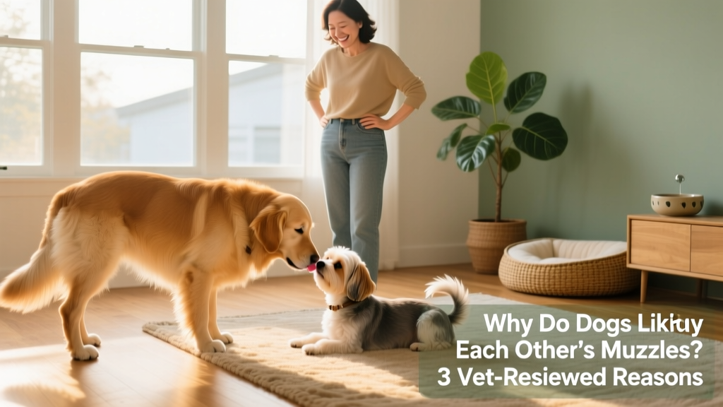 A happy owner watching two dogs interact peacefully, one licking the other's muzzle while both appear relaxed and content
