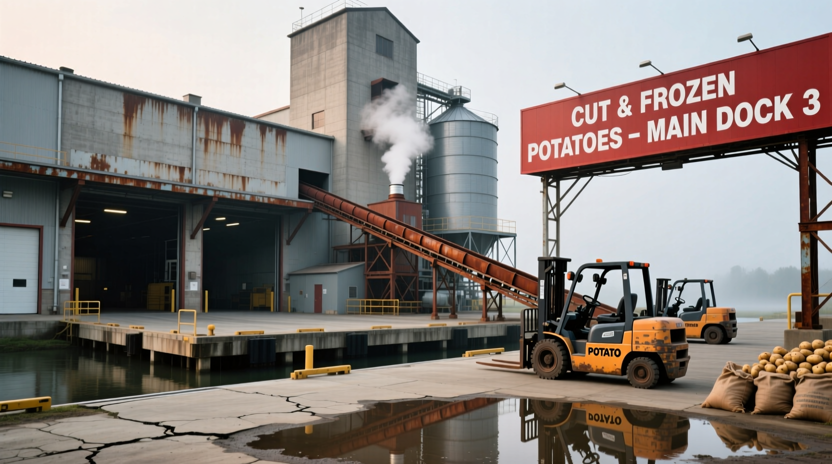 Industrial potato processing facility exterior with loading docks