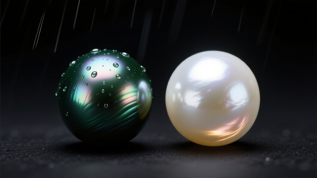 Macro shot of a dark green Tahitian pearl beside a bright white Akoya pearl, highlighting surface quality and overtone reflections.