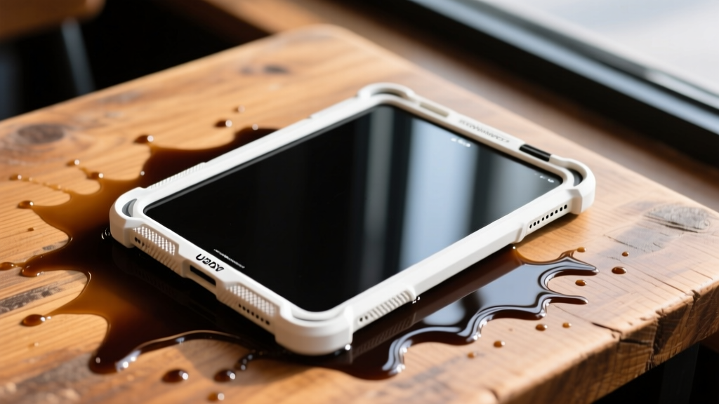 Close-up of a spilled latte narrowly missing an iPad protected by a rugged UAG Metropolis case with raised bezels on a wooden coffee shop table