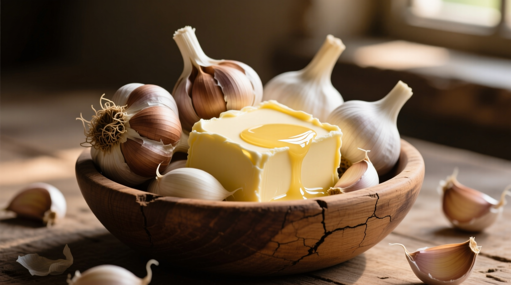 Fresh garlic cloves and butter in rustic wooden bowl
