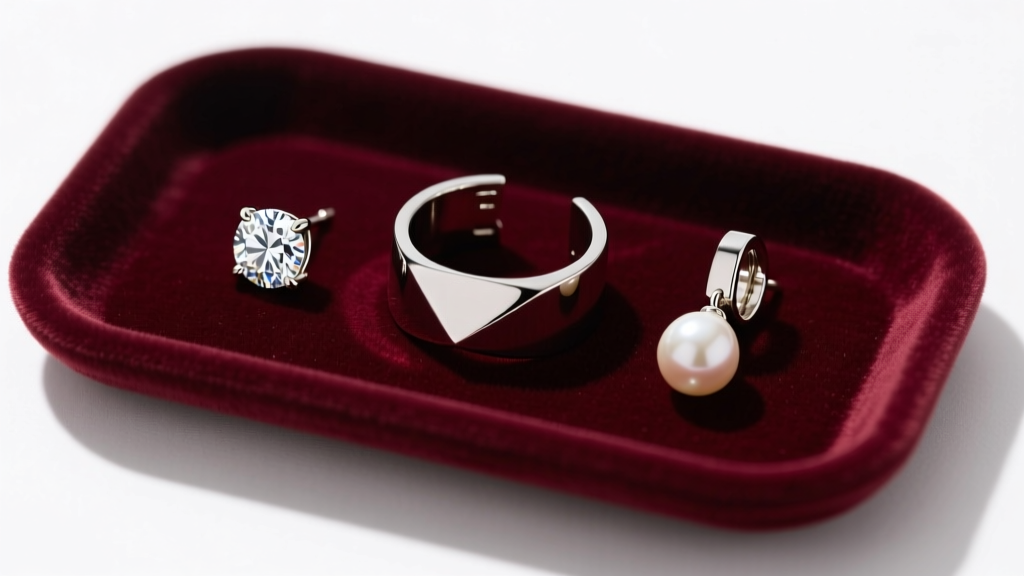 Flat lay of three single earrings on a velvet tray: a diamond stud, a titanium cuff, and a pearl drop, photographed from above