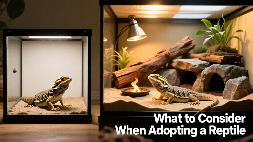 Side-by-side comparison of enclosures: one minimalist and cramped, another spacious with varied terrain, basking spot, and hiding areas