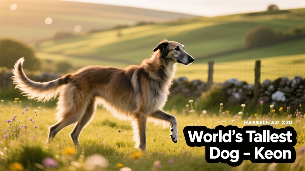 Irish Wolfhound Keon standing proudly, tail fully extended