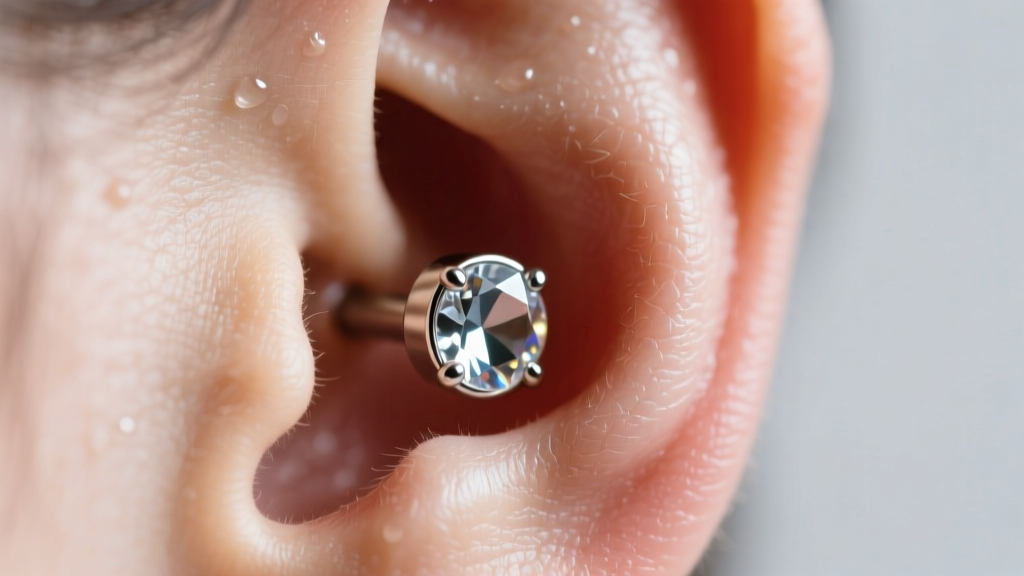 Macro photo of a swollen earlobe with a flat-back labret stud where skin slightly overlaps the front gem, under bright clinical lighting