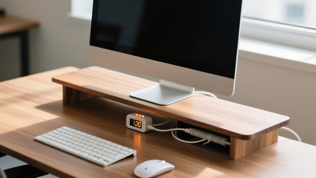 Overhead view of a meticulously organized startup desk with hidden cable management, a haptic feedback timer, and a minimalist wooden monitor riser.