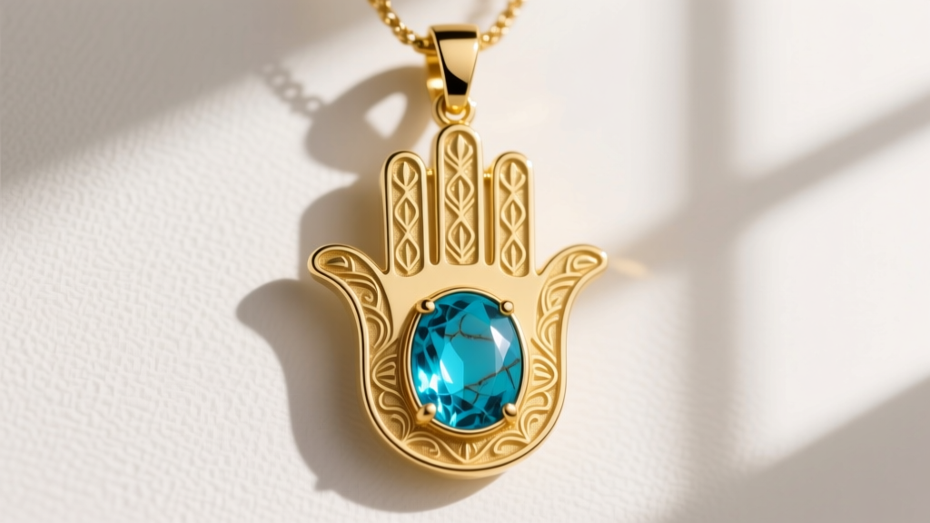 Macro shot of a 14k yellow gold Hamsa hand pendant with symmetrical five fingers and a central bezel-set turquoise cabochon stone