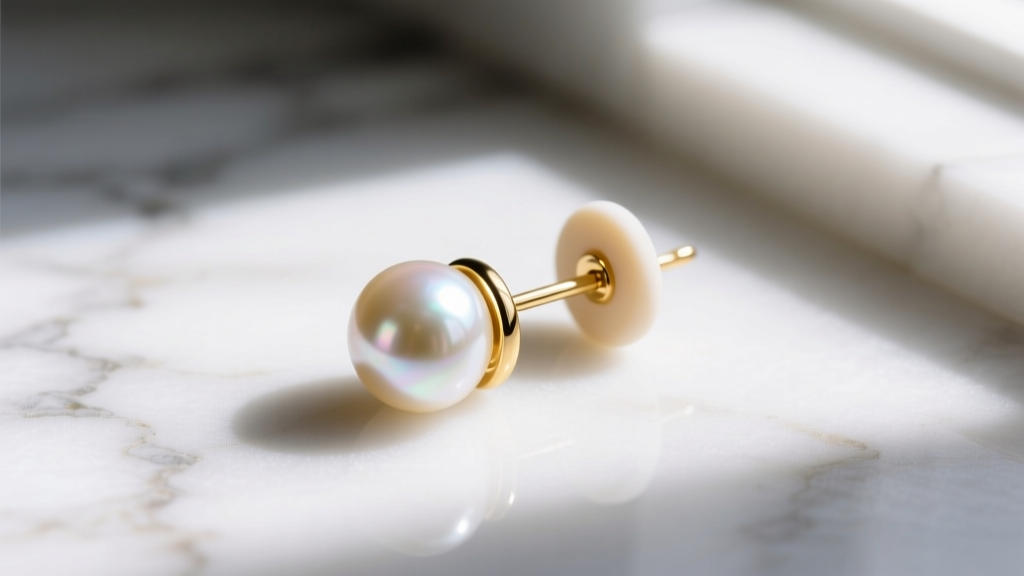 Flat-lay of 12mm pearl drop earring with silicone lifting back and gold ear cuff on white marble surface with soft window shadow