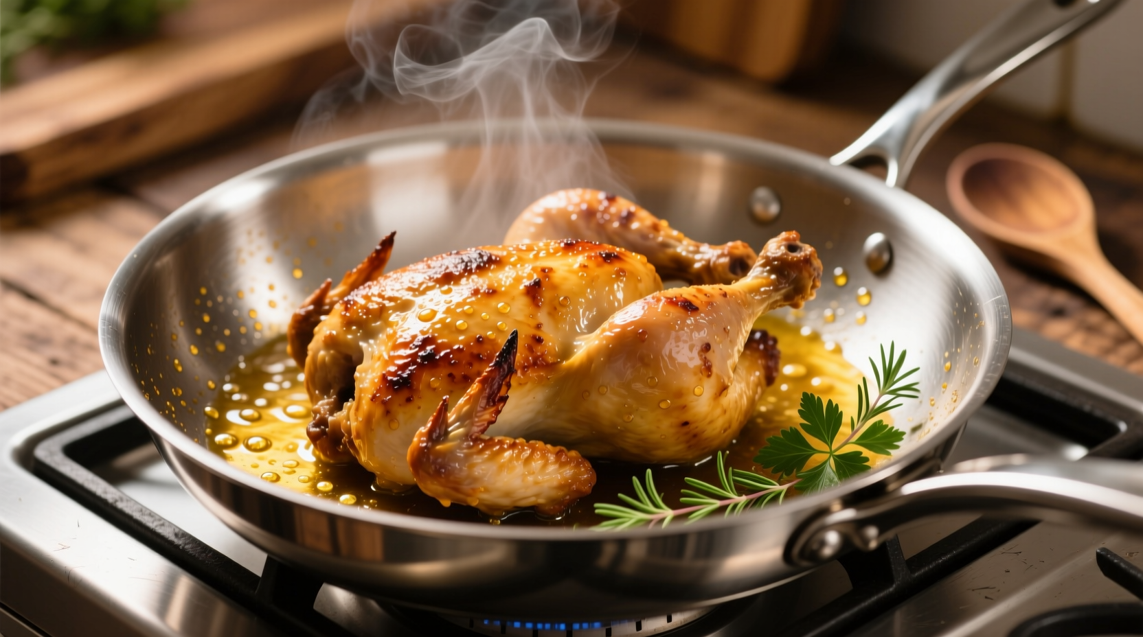 Golden brown chicken searing in stainless steel saucepan