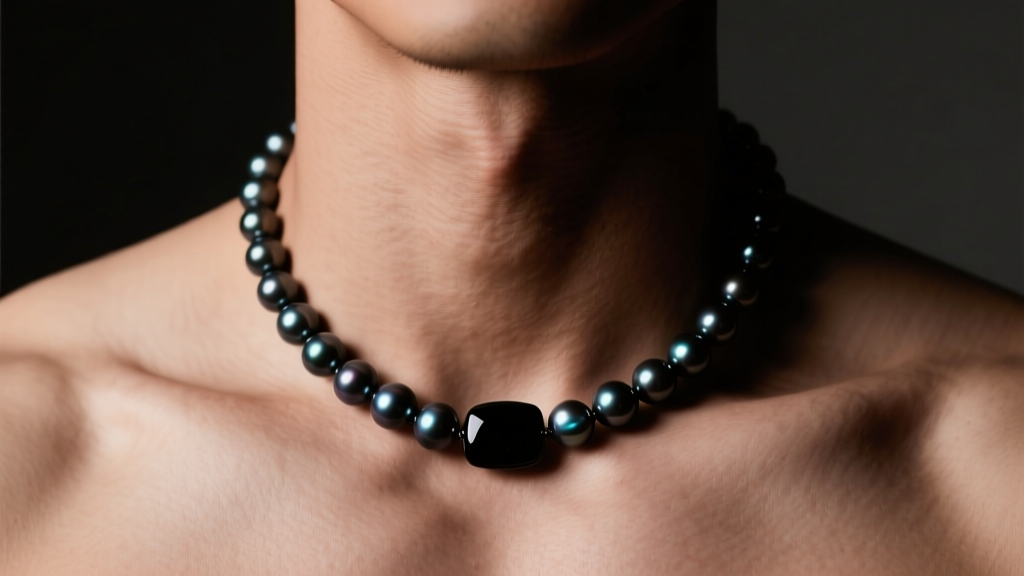 Close-up of a masculine neck wearing a 7mm dark Tahitian pearl necklace with a matte black onyx clasp, moody studio lighting