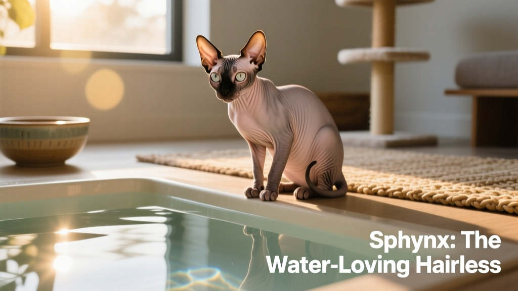 Sphynx cat sitting beside a shallow basin of water, looking alert and engaged