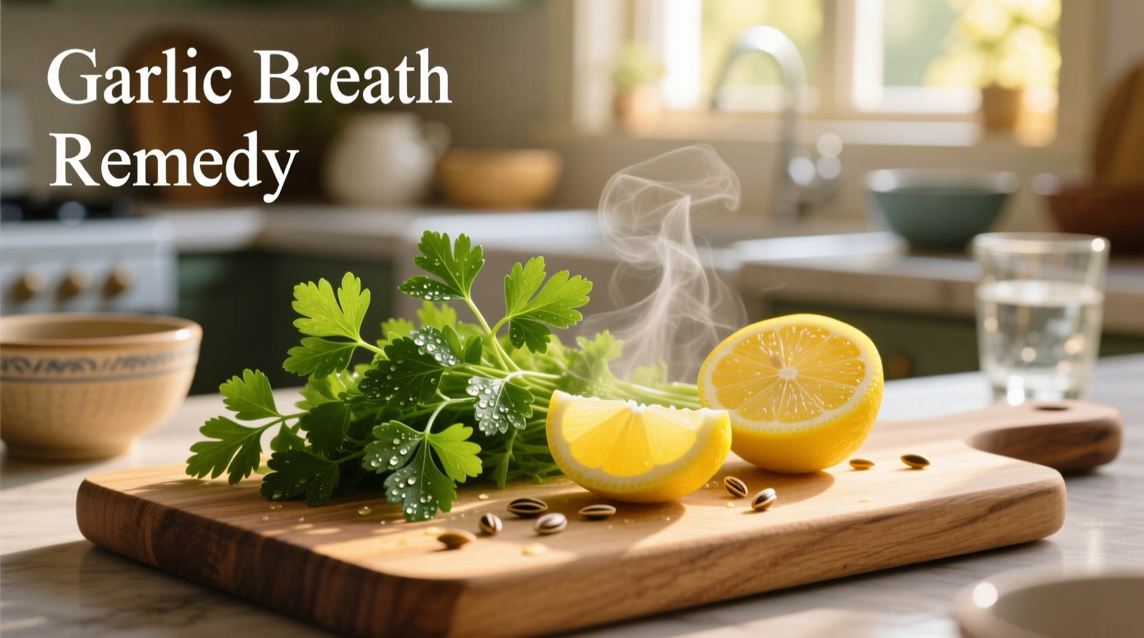 Fresh parsley and lemon for garlic breath remedy