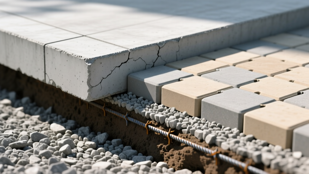 Cross-section comparing a monolithic poured concrete slab with an interlocking dry-cast paver system over compacted gravel