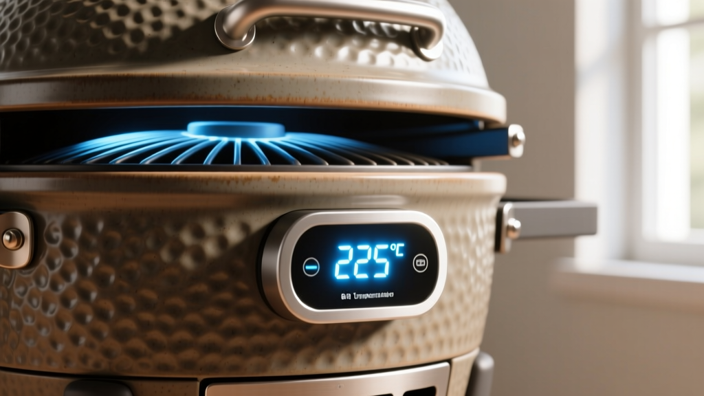 Smart BBQ temperature blower fan attached to the bottom vent of a ceramic kamado grill with a glowing digital LED display showing 225F