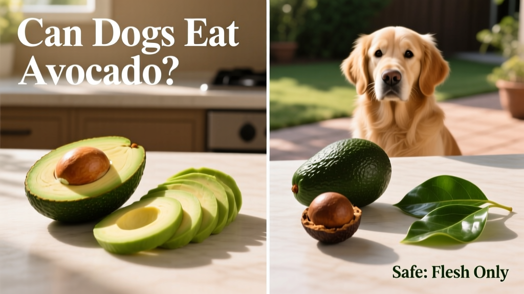 Side-by-side comparison showing safe avocado flesh (peeled and pitted) next to unsafe parts: skin, pit, and leaves