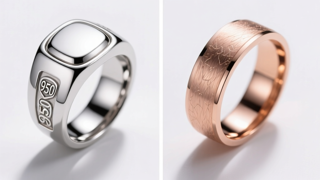 Side-by-side comparison of a polished platinum 950 ruthenium signet ring and a brushed 18k rose gold band under studio lighting