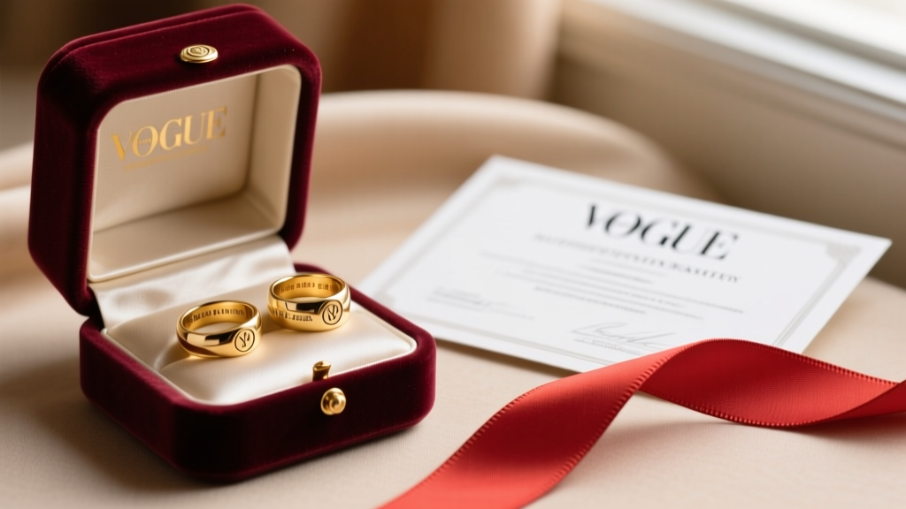 A velvet box showing gold rings with visible hallmarks, resting next to a printed authenticity certificate and a red silk ribbon.