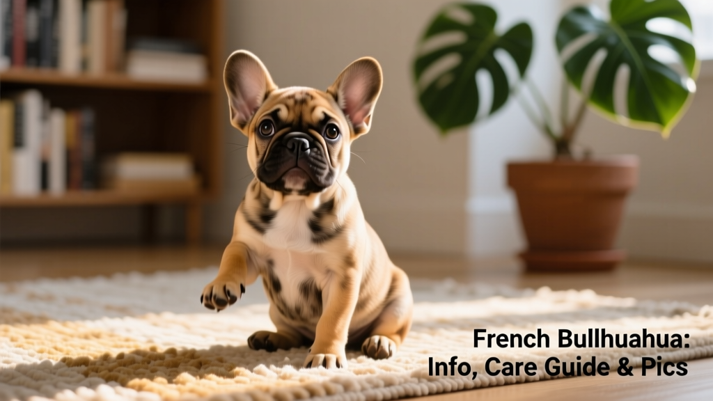 A playful French Bullhuahua puppy sitting on a sunlit rug, looking alert and curious