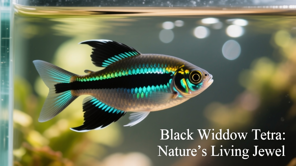 Close-up of a black widow tetra showing distinct black bands and dorsal/anal fin coloring