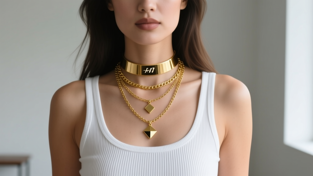 Woman wearing a Y2K stack with a 16-inch choker and 20-inch gold charm necklace over a white ribbed tank top in soft daylight