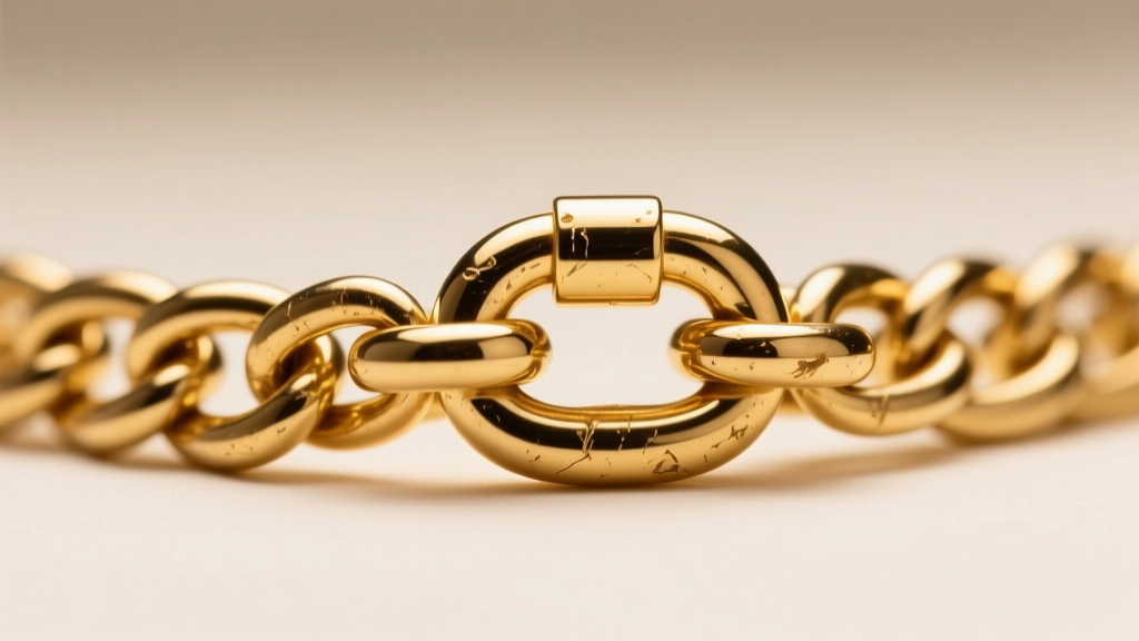 Macro shot of 14k gold chain links and lobster clasp showing minor surface wear and skin oil buildup under bright studio lighting