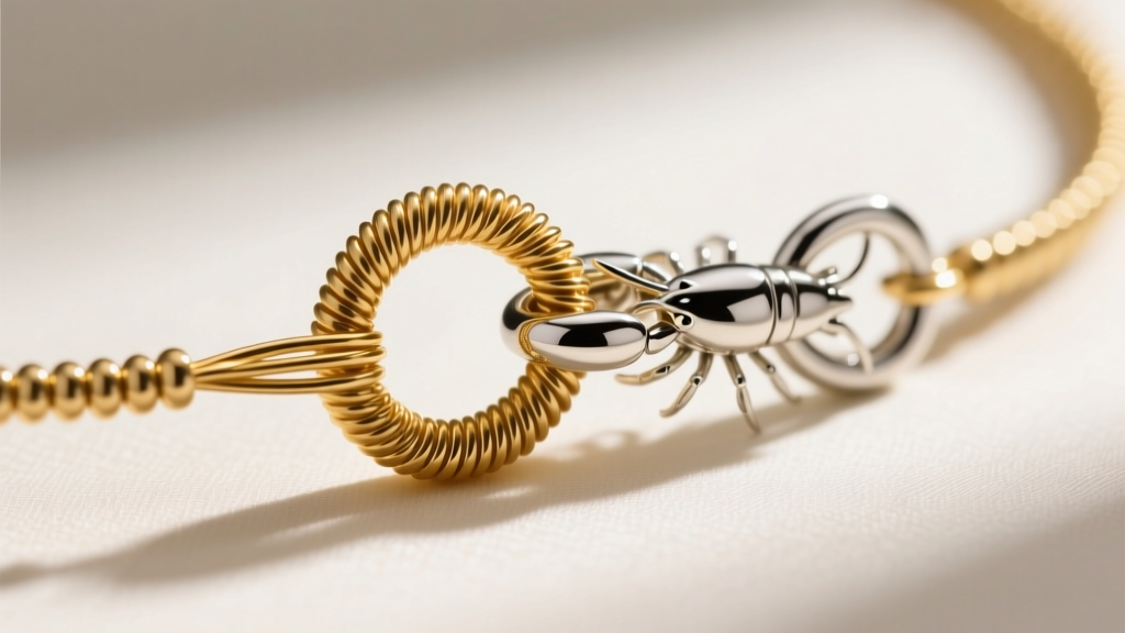 Close-up of a gold-plated wire guardian loop protecting flexible beading wire as it connects to a sterling silver lobster clasp.