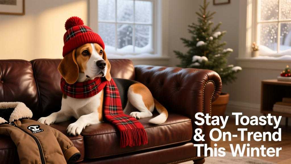A senior beagle wearing a red-and-plaid winter hat and matching scarf, resting on a leather couch