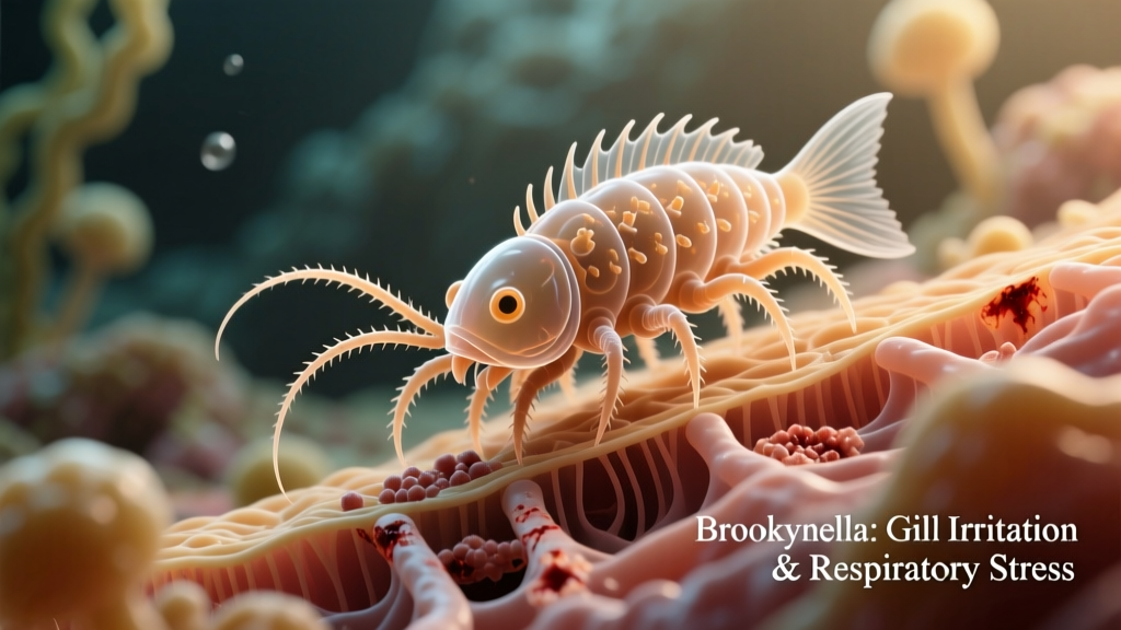 Microscopic illustration showing Brooklynella protozoa attaching to fish gill tissue