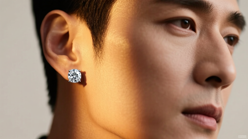 Close-up of a man wearing a single large diamond stud earring in a platinum setting on his left earlobe with soft cinematic lighting