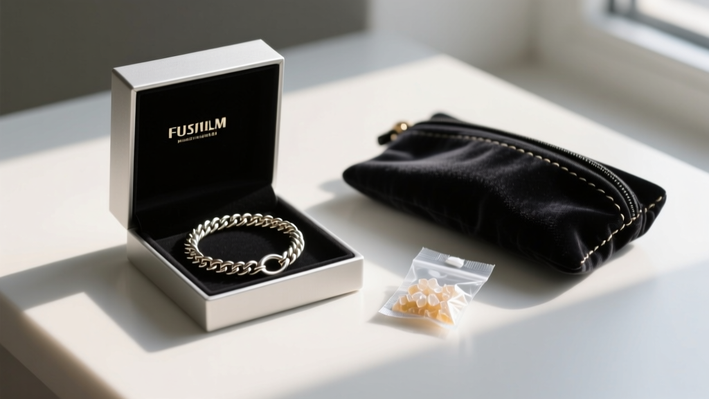 Anti-tarnish box holding a coiled tennis necklace, next to a silica gel packet and a treated dark fabric jewelry storage pouch.