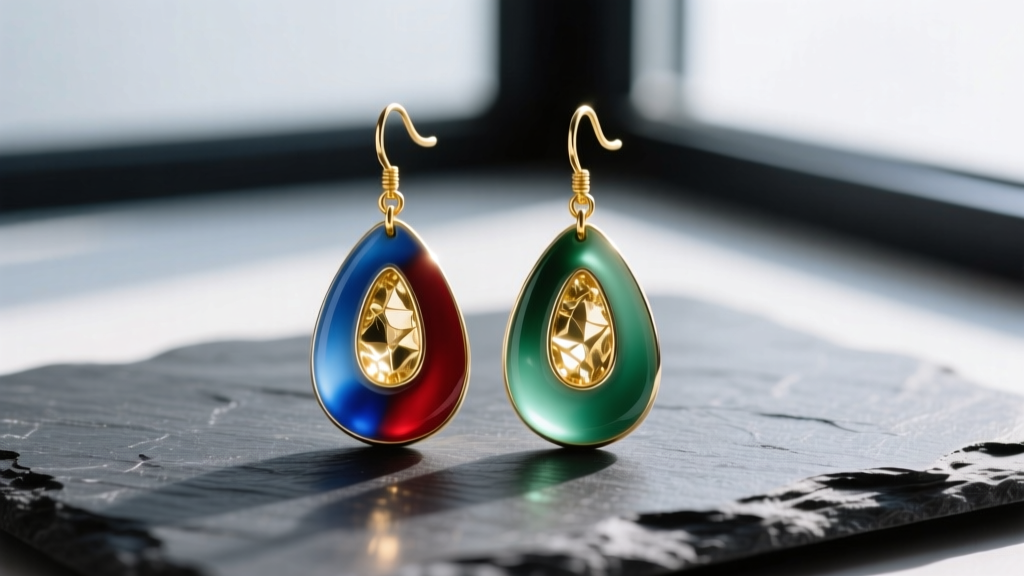 Macro photography of kiln-fired vitreous enamel drop earrings with suspended gold foil inclusions resting on dark slate.