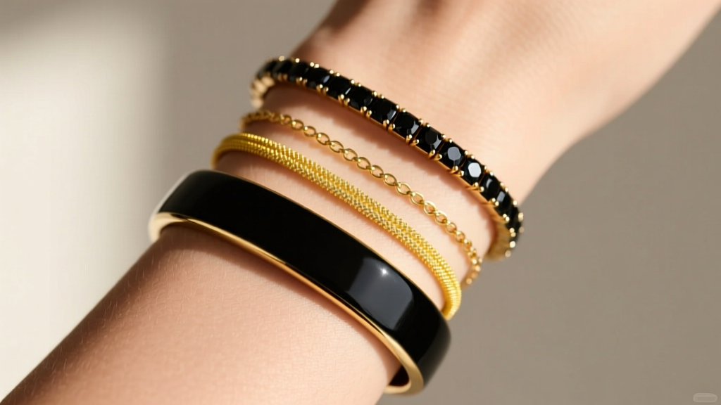 Wrist stacked with a matte black enamel 14k gold bangle, a textured yellow gold chain, and a black spinel tennis bracelet.