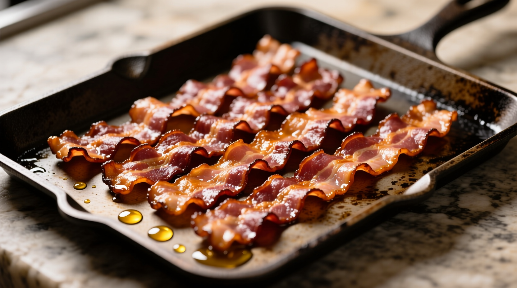 Perfectly cooked bacon strips on baking sheet