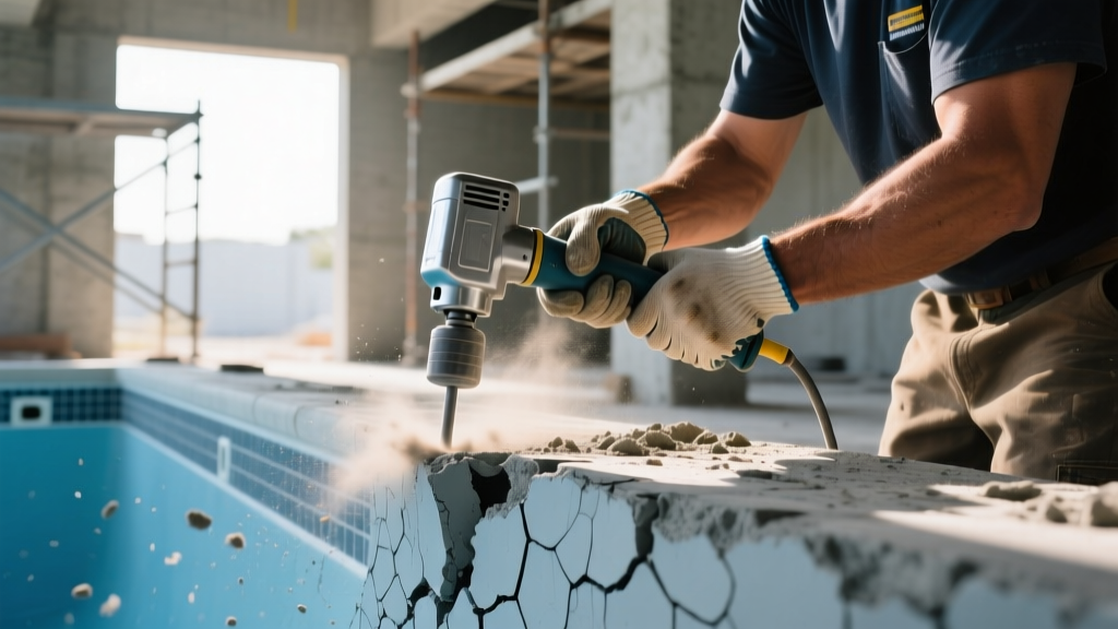 Close-up of a technician using a pneumatic chipping hammer to remove porous rebound material from a cured gunite swimming pool shell