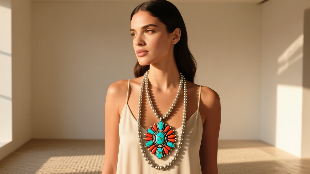 Model wearing a long Lupe Lovato silver bead necklace with a large coral and turquoise squash blossom pendant in warm sunlight.