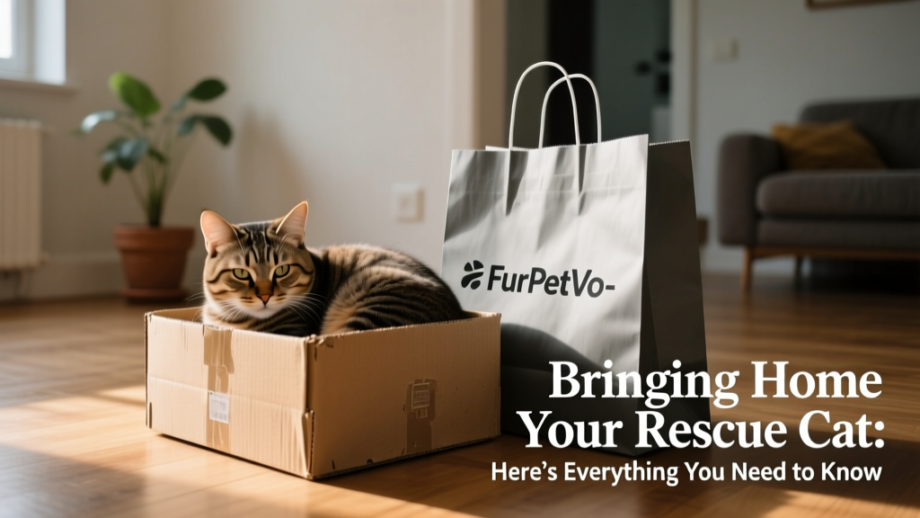 A relaxed adult cat curled up in a cardboard box next to a FurPetVo branded shopping bag, bathed in soft natural light