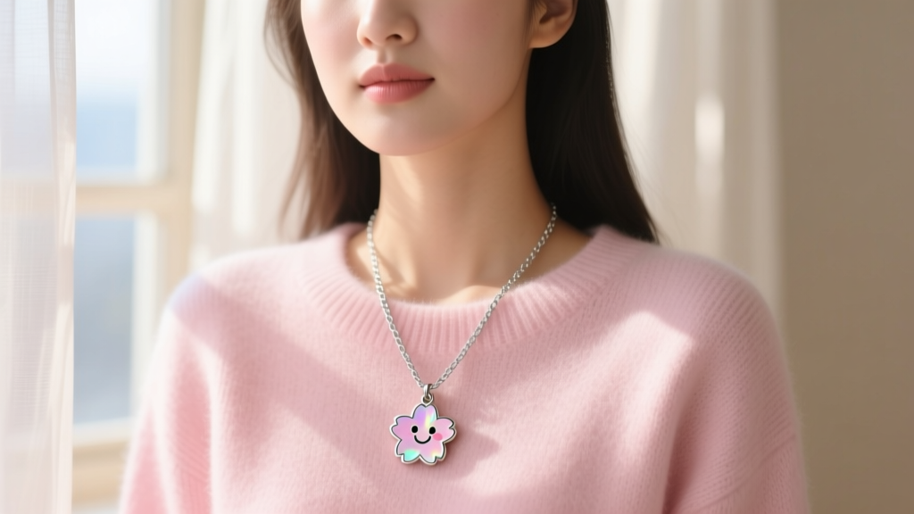 Woman wearing a delicate silver chain with a kawaii enamel pendant layered over a pastel pink sweater in soft, natural window light.
