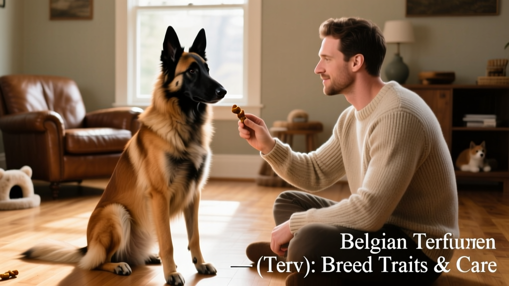A well-groomed Belgian Tervuren sitting attentively beside its owner during a home training session, both focused and relaxed